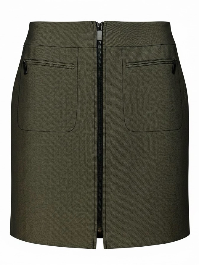 Etcetera Mini Pencil Skirt Size 2 Full Front Zip Up Green Woven Patch Pockets